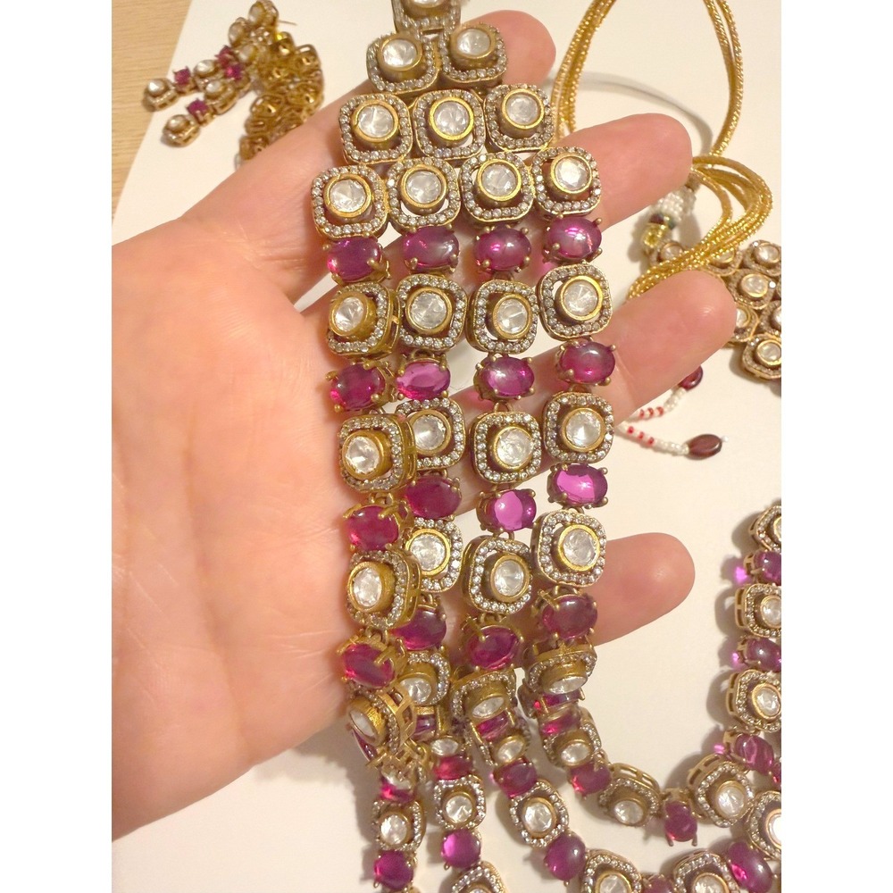 Indian Kundan Rani Haar Necklace Set Ruby Pink Gold Bridal Jewelry 4 Strand